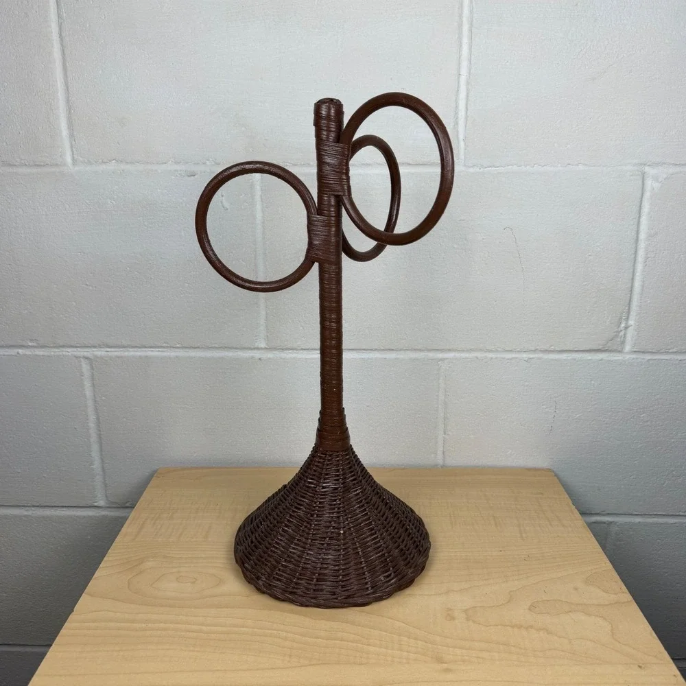 Vtg Wicker Rattan 3-Ring Towel Holder Stand Boho Bathroom Decor Countertop MCM